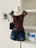 Pbong  Print Sweet Tshirts Women's Clothing V-neck Short Sleeve Tees Ropa Mujer Vintage T-shirt Bandage Tunic Summer Crop Tops
