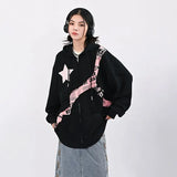 Y2K Vintage Zip Up Hoodies Women Harajuku Hip Hop Letter Print Sweatshirts Gothic Streetwear Loose Patchwork Tops Coats