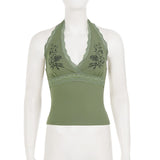 Pbong  Women's Sexy V-Neck Camisole Top Floral Embroidered Spaghetti Strap Halter Tank Lace Trim Sleeveless Shirt Summer Fashion Casual