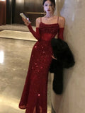 Sexy Sequins Mermaid Evening Dress Women Elegant Bodycon Lace Split Formal Party Long Dresses Korean Slim Vestidos Clothes New