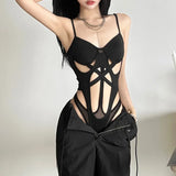 Black Bandage Hollow Out Sexy Cyber Y2k Bodysuits Gothic Techwear Mesh Patchwork Tops Female Glove Sleeve Mock Neck Bodysuit