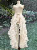 Gothic Lolita Lace Mesh Ruffles Fairy Princess Party Skirt Women Asymmetrical Cute Curtain Sheer Cover Up Thin Long Skirt White
