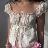 Women Y2k Fairy Lace Shirts Cap Sleeve Button Down Lace Patchwork T-Shirts Aesthetic Babydoll Crop Tops Summer Streetwear