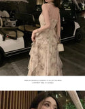 Elegant Floral Chiffon Midi Dresses for Women Holiday Long Dress Sleeveless Vintage Dress Fairy Slim Party Casual
