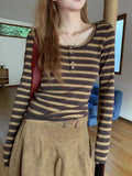 Slim Y2K Striped T Shirt Women Streetwear American Long Sleeve Retro Tees Fall Sexy U Neck Female Harajuku Vintage Tops New