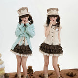 Brown Women Plaid Skirts Kawaii Lolita Sweet Mini Skirts Vintage Lace Patchwork Cute Fashion High Waist Layered Skirt