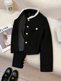 Black Slim Elegant Tweed Jacket Women Vintage Lace Patchwork Long Sleeve Sweet Coat Fall Winter French Casual Retro Tops