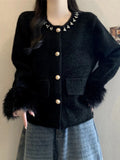 Elegant Pearls Sweet Cardigan Women Vintage O Neck Faux Mink Cashmere Knitted Sweaters Korean Casual Long Sleeve Loose Tops