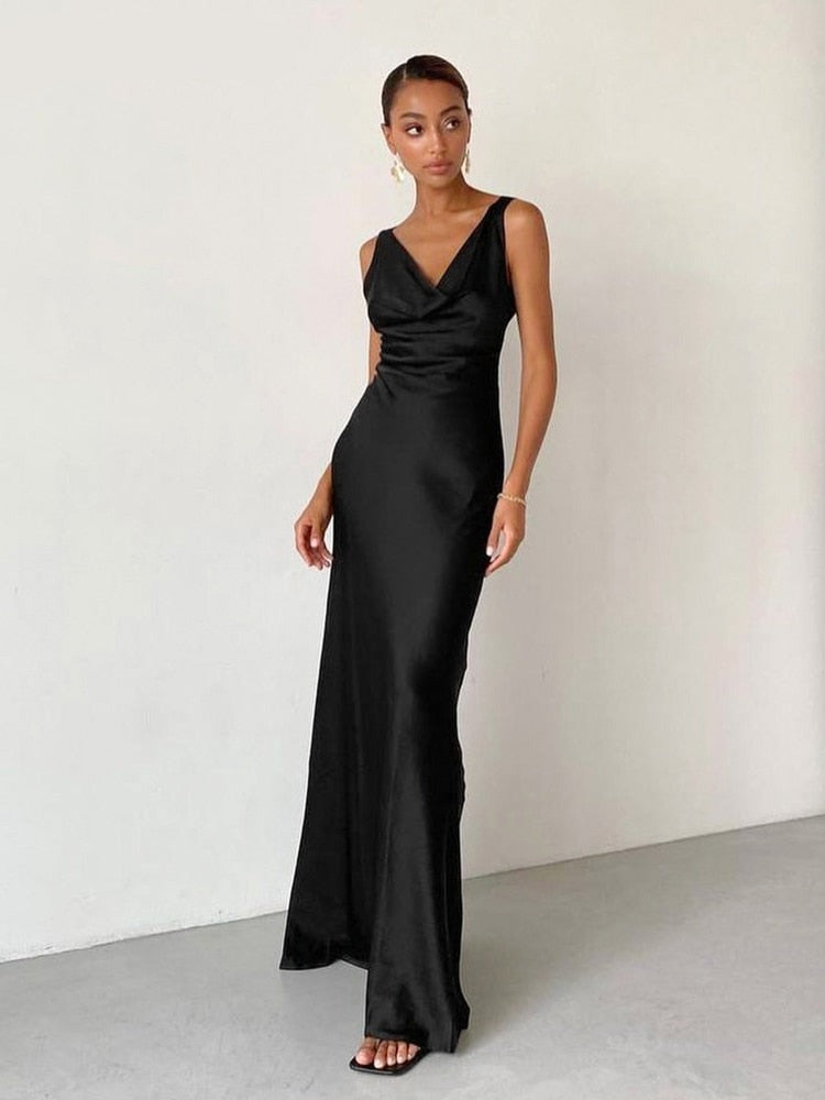 Draped V-Neck Classy Evening Long Dress Women Black Satin Formal Dress Sleeveless Floor-Length Sexy Bodycon Dresses