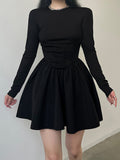 Black Long Sleeve O Neck Pleated Dress