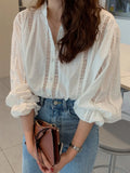Pbong  White Blouse Women Temperament Korean Tops Stand Neck Long Sleeve Autumn Shirts Hollow Out Loose Blouses