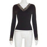 Pbong  New Winter Women's V-neck Lace Trim Splice Waist-cinching Belly-baring Trendy Street Style Long Sleeve Polyester T-shirt