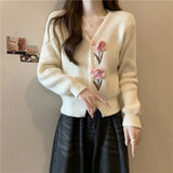 Flower Applique Knit Cardigan Autumn Winter Women Cardigan Sweater Coats Long Sleeve Crop Knitted Jackets Cute Outfit
