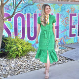 Fashion Hollow Out Embroidery Belt Long Dress Turn Down Collar Solid Color Green Elegant Women Dress 2025 New Chic Vestidos