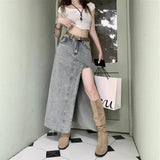 Pbong  High Waist Denim Mini Skirt Women's Slimming A- Line Long Skirt Side Slit Vintage Artistic Elegant Cotton Polyester Blend