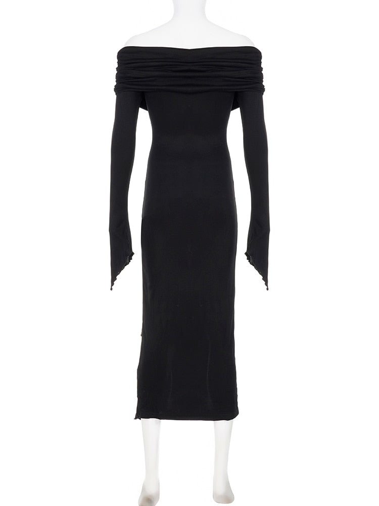 Elegant Fashion Dark Ruffles Split Long Dress Gothic Slash Neck Long Sleeve Maxi Dresses For Women Holiday Beach
