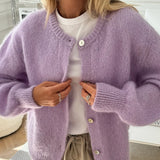 Pbong  Women's Knit Outerwear Solid Color Cardigan Fuzzy Long Sleeve Button Down Sweater Soft Knit Tops