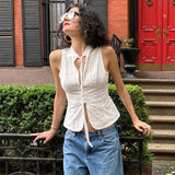 y2k Tank Top Women Summer Clothes White Flower Embroidery Mock Neck Front Cutout Sleeveless T Shirt Vest Streetwear