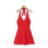 Pbong  Lace Spliced Polka Dot Halter Dress Women Elegant A-line Mini Sexy Backless Dresses Summer Robe