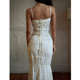 New Summer Chiffon Beige Solid Color Lace-ups Slim Slip Dress Ruffle Chic Party Beach Fashion Long Dress For Women