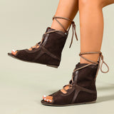 Pbong  Women's Large Size Retro Dark Brown Mid-Calf Boots, Summer High-Top Sandals, Peep-Toe Roman Sandals, Women's Beach Shoes