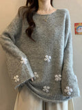 Sweet Floral Chic Sweater Women O Neck Cute Long Sleeve Knitted Jumpers Fashion Preppy Style Loose Lazy Wind Lady Fall Pullover