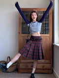 Women Pleated Plaid Skirt Vintage Preppy Style Mid Length Skirt Harajuku Korean Fashion Retro Japanese Classic Basic