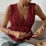 Women's Tanks Deep V-Neck Tie Detail Sleeveless Solid Color Top Summer Casual Chic Style Tanks