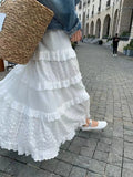 Embroidered Hollow Lace Spliced White Long Skirt 2025 Spring Summer New Elastic Waist Cotton A-line Vacation Beach Boho Skirt