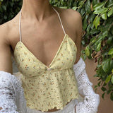 Floral Embroidered V Neck Bustier Crop Tops Y2K Backless Strappy Tie-up Halter Camis Fairy Coquette Ruffle Trim Sleeveless Vest