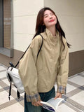 Vintage Plaid Cargo Jacket Women Retro Double Sided Wear Preppy Style Sweet Coat Korean Fall Winter Long Sleeve Pockets Top