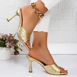 Pbong  Luxury Gold Silver High Heels Sandals Women Slip On Square Toe Summer Slippers Woman Plus Size 43 Thin Heeled Party Shoes