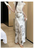 Retro Tie Dye Satin Long Skirts Women Elegant Korean Vintage Slim Trumpet Skirt Casual Summer Sweet Comfortable Long Skirt