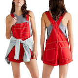 Pbong  Women's Y2K Vintage Retro Denim Bib Overalls Adjustable Straps Pocket Romper Shorts Casual Rolled Cuff Shortalls