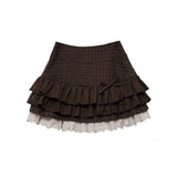 Brown Women Plaid Skirts Kawaii Lolita Sweet Mini Skirts Vintage Lace Patchwork Cute Fashion High Waist Layered Skirt