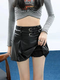 Pbong  Streetwear Sexy Y2K Pu Skirts Women Fashion High Waist Double Belt Mini Skirt Casual Fall Winter American A Line Skirts New