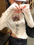 Y2k Printed Off Shoulder T-shirt Sweet Transparent White Long Sleeve T-Shirts Korean Fashion Casual Loose Tops Slim Up
