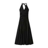 V-neck Slim Halter Dress Women Pleated Design Long Skirt Solid Vintage Y2k Dresses Korean Fashion Vestidos Para Mujer