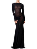 Pbong  Women See Through Mesh Long Dress Long Sleeve Tie-Up Backless Bodycon Dress Evening Party Sexy Dress Beach Cover-ups