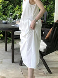 Pbong  French Style White Backless V-Neck Sleeveless Dress Summer Season Loose Waist A-Line Long Dress Backless Design Special Atmos...