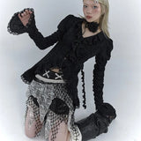 Vintage High Street V Neck Flare Sleeve Women Clothing Harajuku Japan Gothic Ruffle Lace Design Shirts Solid Sexy Y2k Blouse