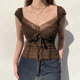 Lace-up Lace Patchwork Y2K Top Short Sleeve Summer Casual Cute Clothes Vintage Tank Tops Coquette T-shirt Women Tees