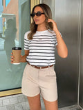 Women Striped Casual Versatile T-Shirt Graphic Tees Round Neck Loose Classic Short Sleeve Vacation Entertainment Commuter Top