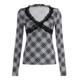 Pbong  Y2K Lace Lace T Shirt Women Deep V Neck Plaid Long Sleeve Slim Fit Slimming Fashion Inner Top Pure Desire Sweet Style