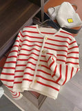 New 2025 Women Spring Autumn Sweaters O-neck Stripe Knitted Cardigan Fashion Long Sleeve Casual Short Tops Korean Style