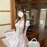 Pbong  Womens Light Pink Puff Sleeve V Neck Bow Decor Mini Dress Sweet Lace Trim A Line Casual Dress