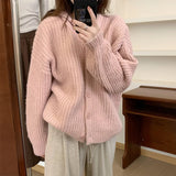 Hooded Cardigan Sweater for Women Morandi Pink Blue Button-Up Knitted Hoodie Jacket Autumn Winter Teen-girl Slouchy Knitwear