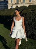 New Sexy Satin Big Bow Skinny Strap Mini Dress Fashion Women Backless High Waist Pleated Dresses Trendy Lady Prom Clubwear