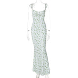 Summer Sexy Women Elegant Floral Printed Beach Vacation Bodycon Streetwear Long Dress Spaghetti Strap Sheath Dress