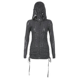Vintage Drawstring Hooded Backless Transparent Dress